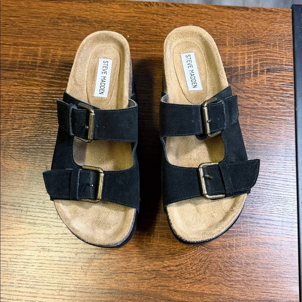Steve Madden Black Suede Platform Sandals with Gold Studs